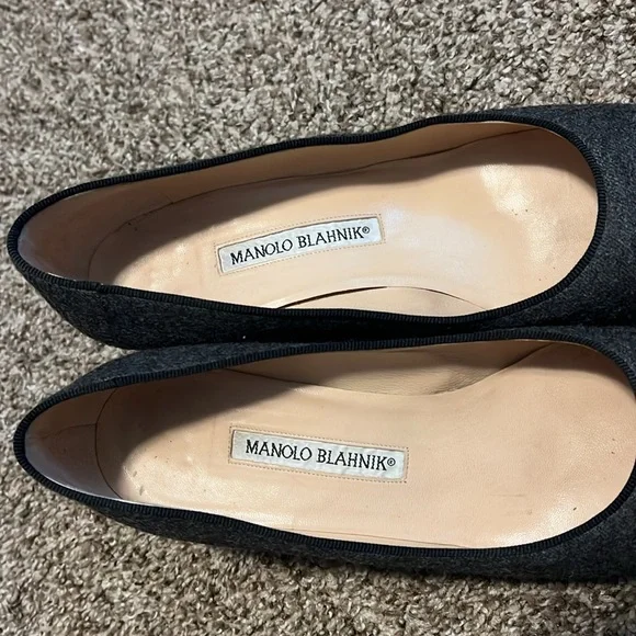 Manolo Blahnik Heels 39.5 Gray Wool Black Kitten Pump Women’s Career 9.5 - Picture 3 of 5